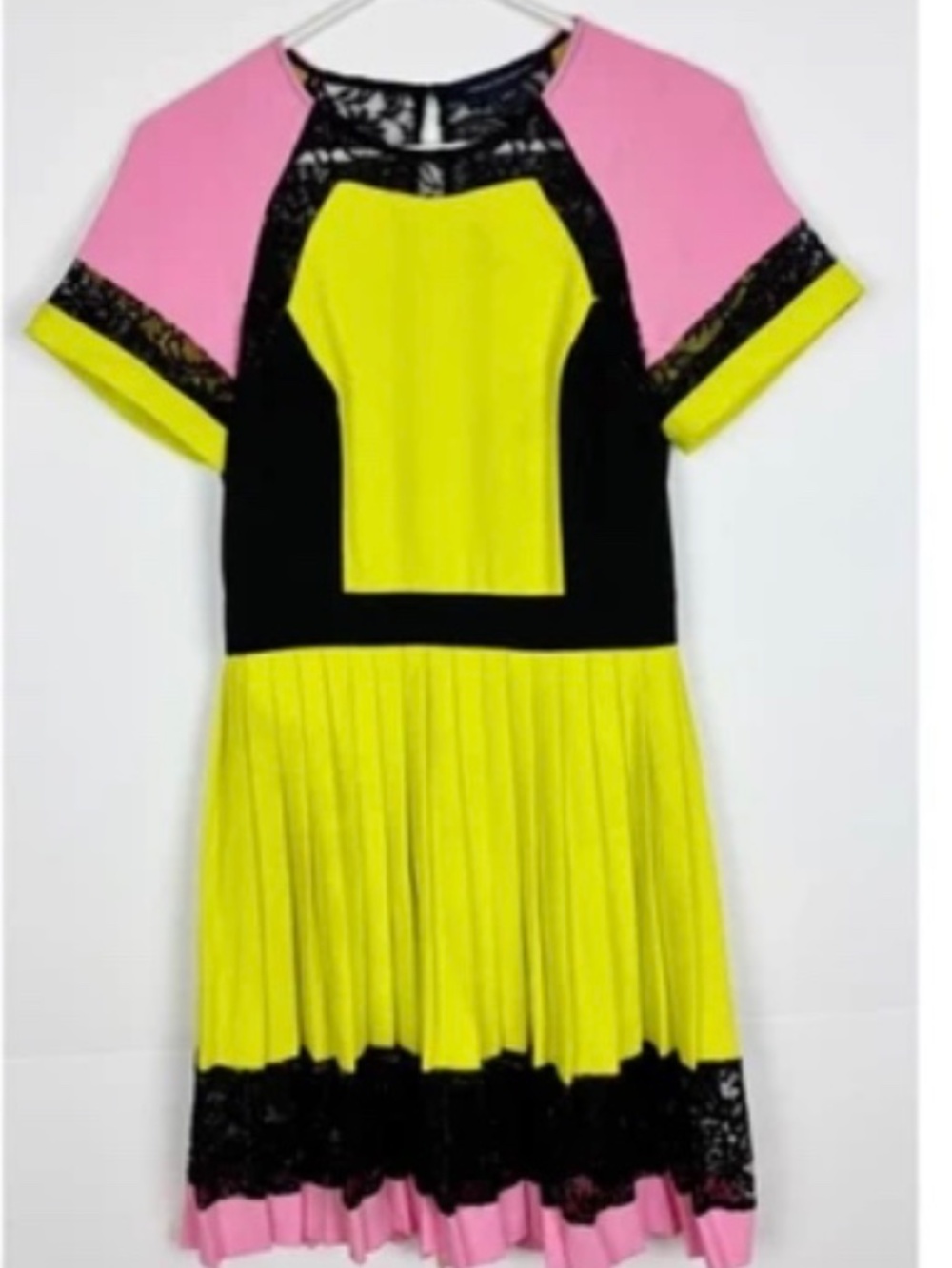French Connection Arrow Lace Colorblock Pleated Mini Dress Neon Pink Yellow 4